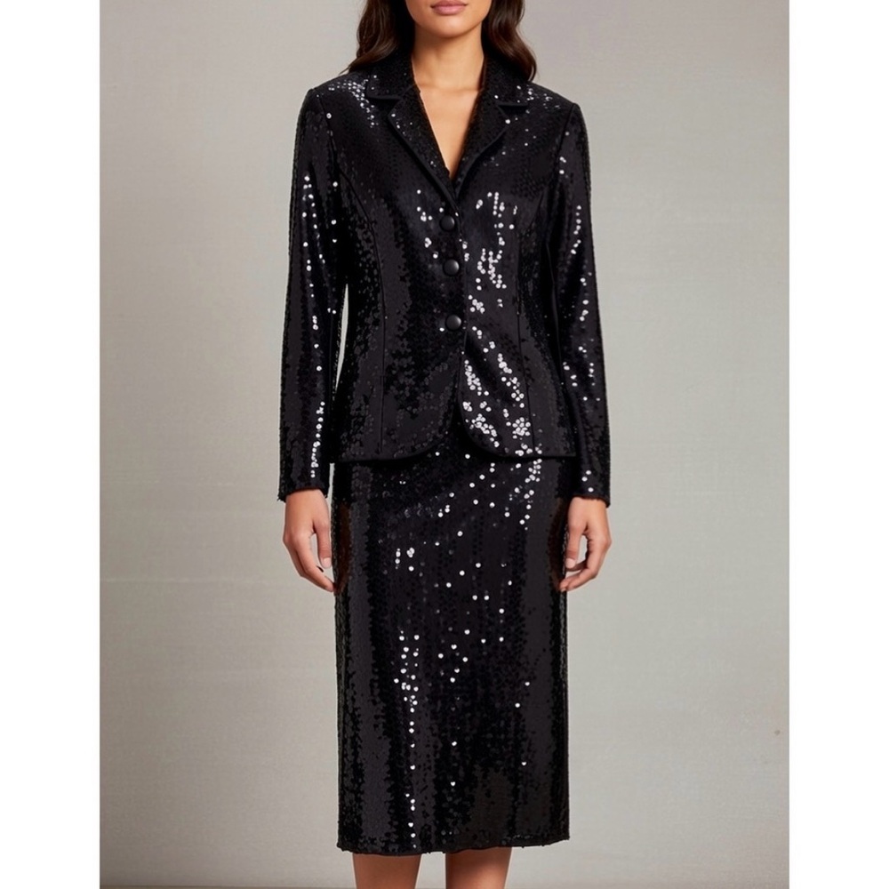 Jackie Jon New York Sequin Suit Set Tailored Blazer Jacket & Pencil Skirt